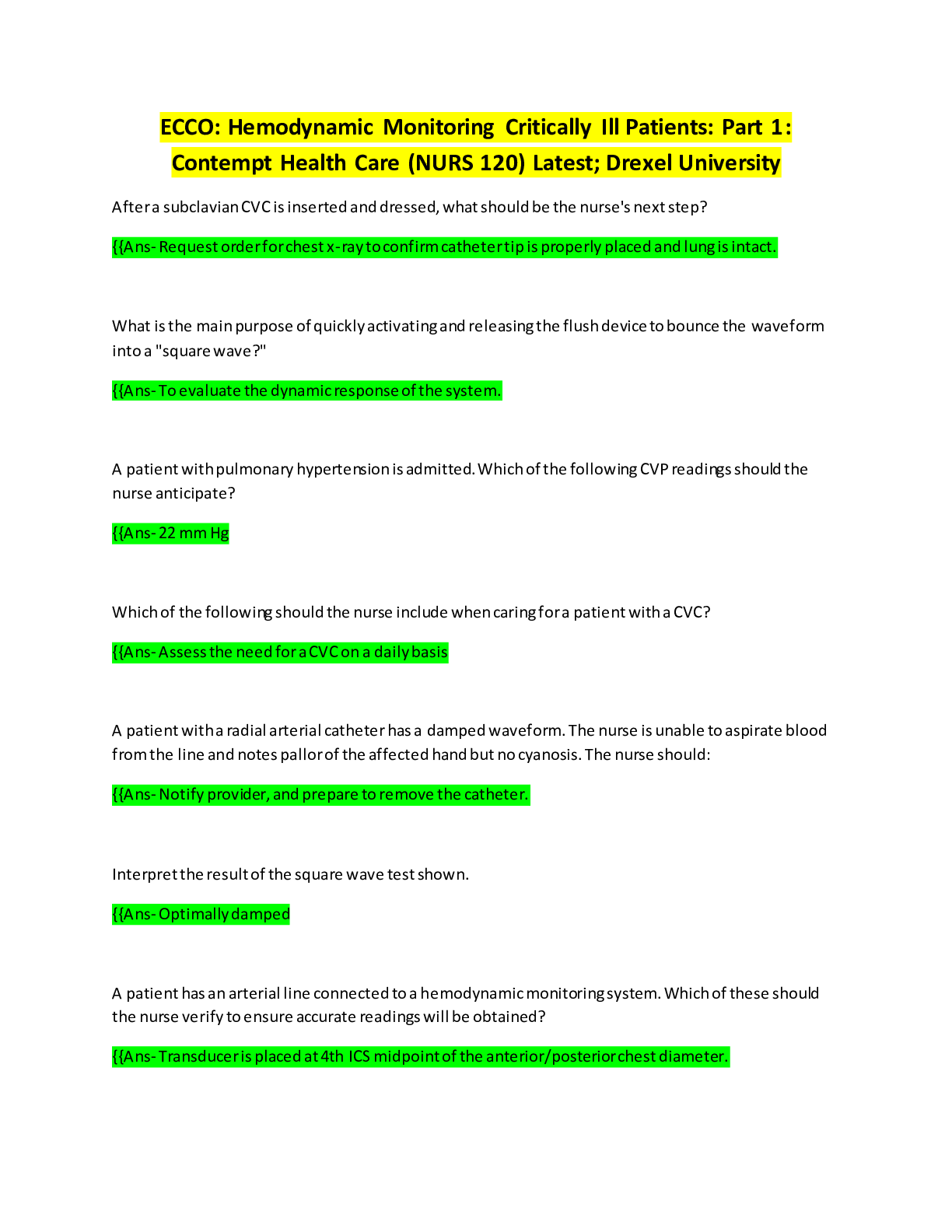 Preview image for ECCO: Hemodynamic Monitoring Critically Ill Patients: Part 1: Contempt Health Care (NURS 120) Latest; Drexel University